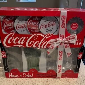 Vintage Coca-Cola Glass Collection Set - 4 Historical Replica Glasses & Coasters